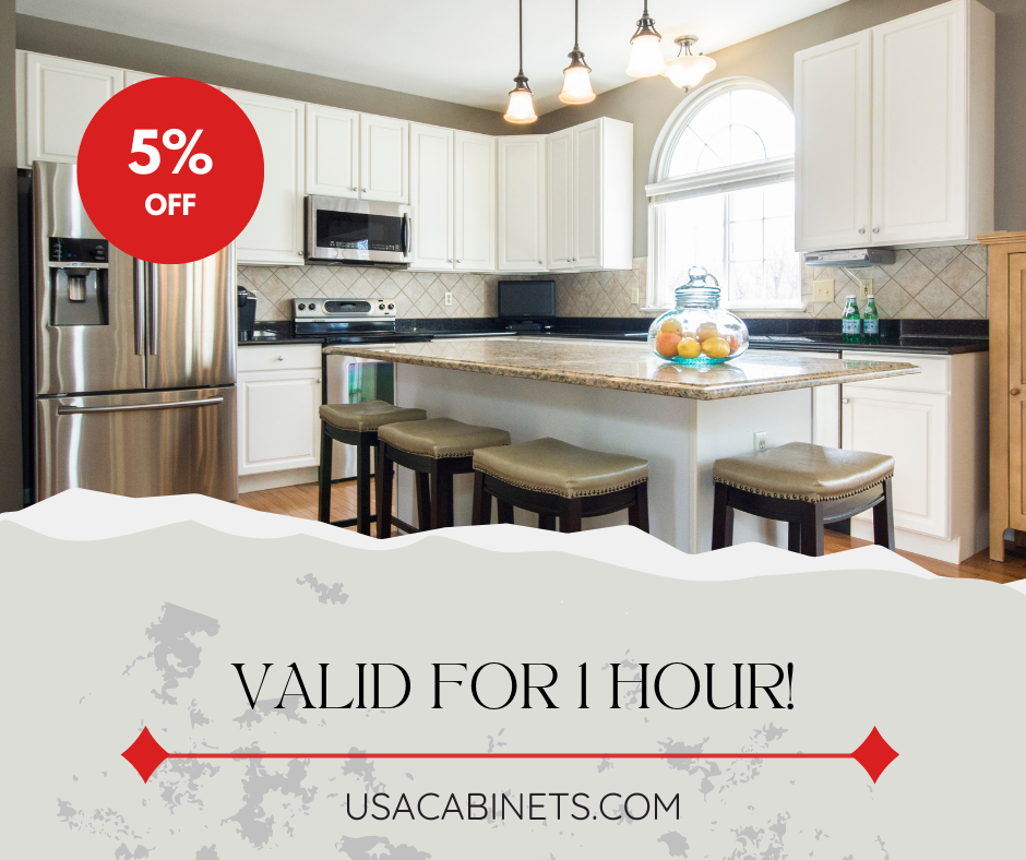 A graphic with an image of a kitchen with white cabinets and text that says "5% off, valid for 1 hour".