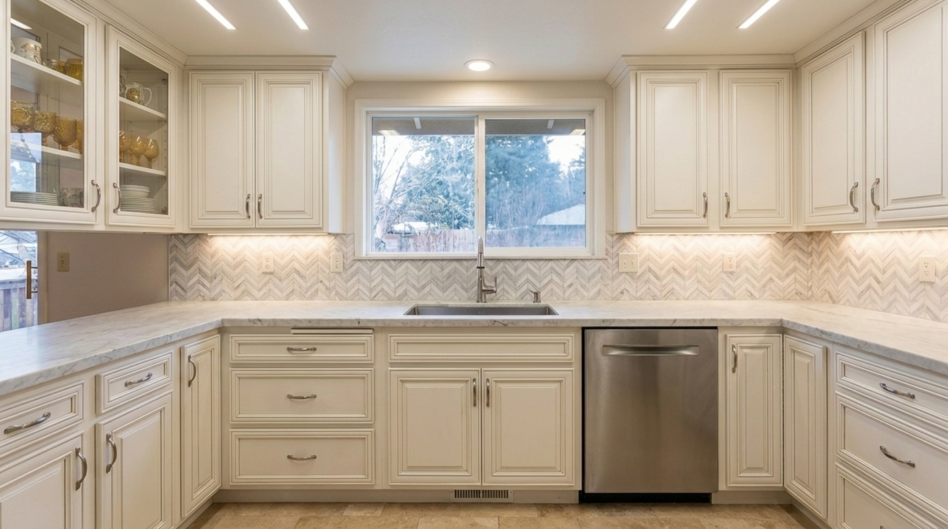 Picture of a kitchen after a renovation with Casselberry Antique cabinets