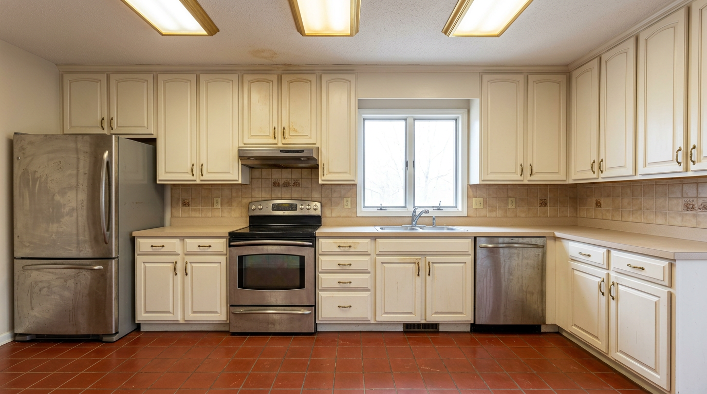 Picture of a kitchen before a renovation with Casselberry Saddle cabinets