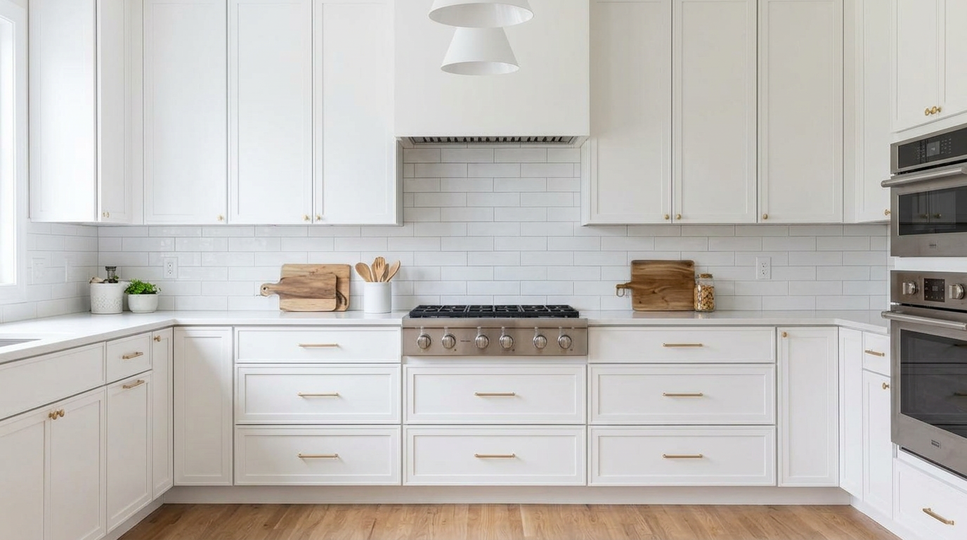 Picture of a kitchen after a renovation with Edgeline White cabinets