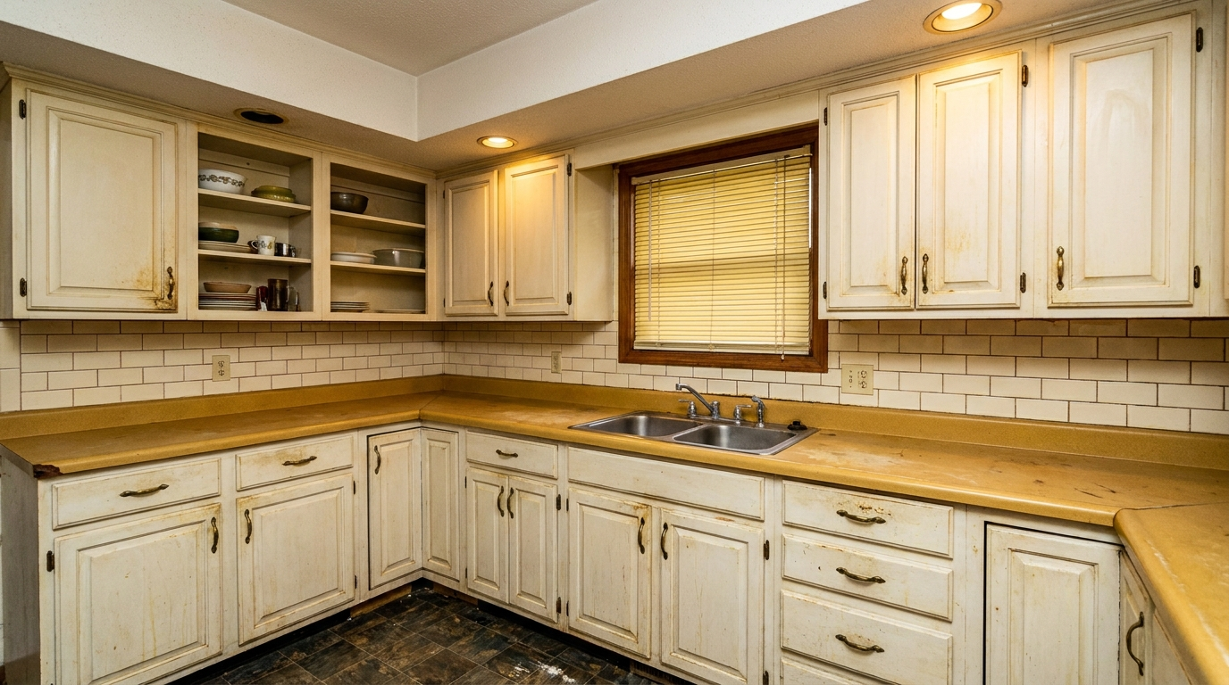 Picture of a kitchen before a renovation with Haven Ember cabinets