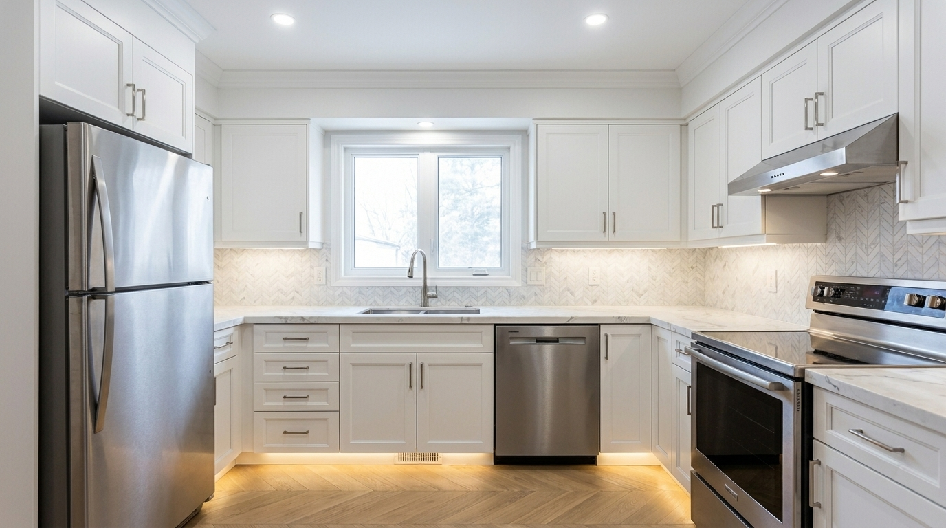Picture of a kitchen after a renovation with Maple Alabaster cabinets