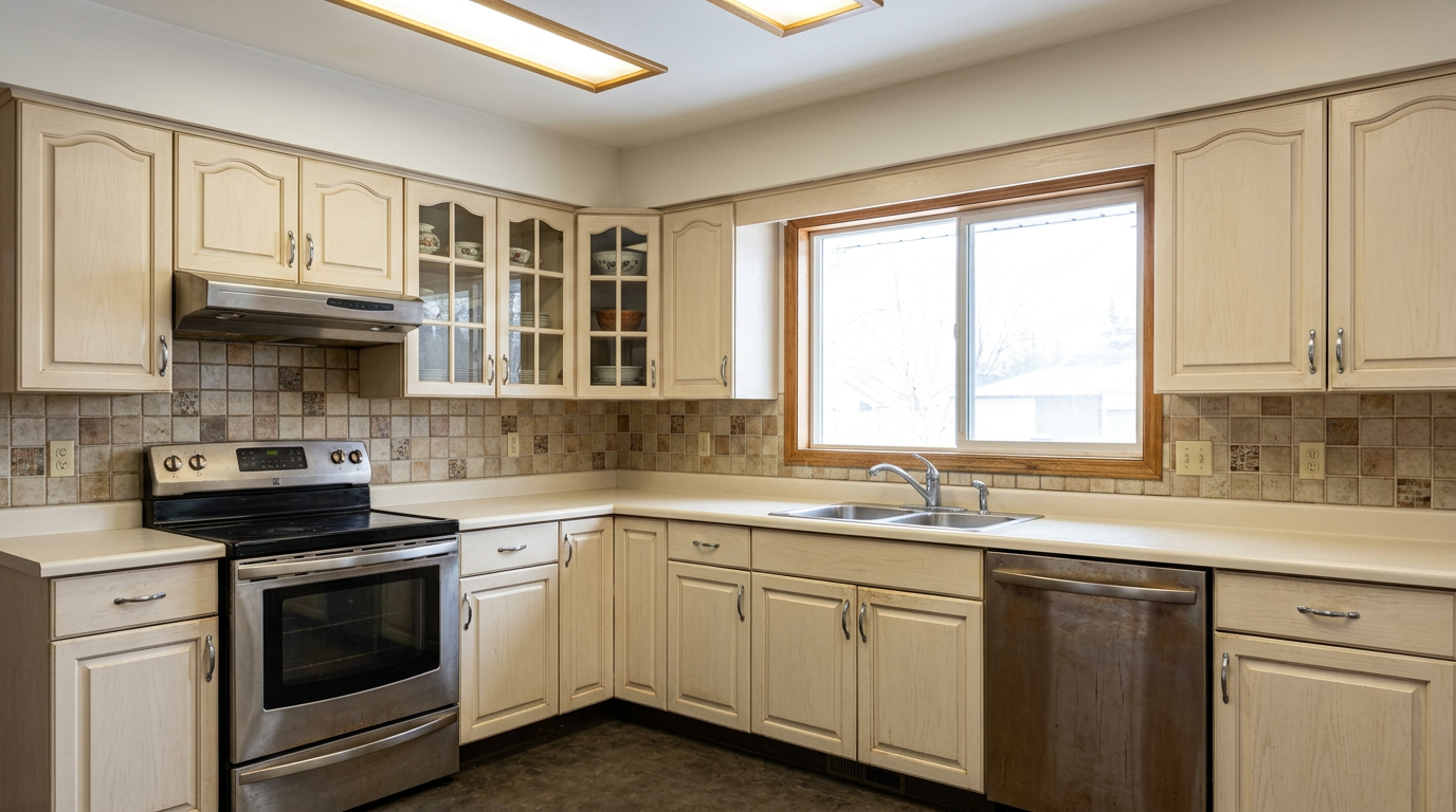 Picture of a kitchen before a renovation with Maple Ash cabinets