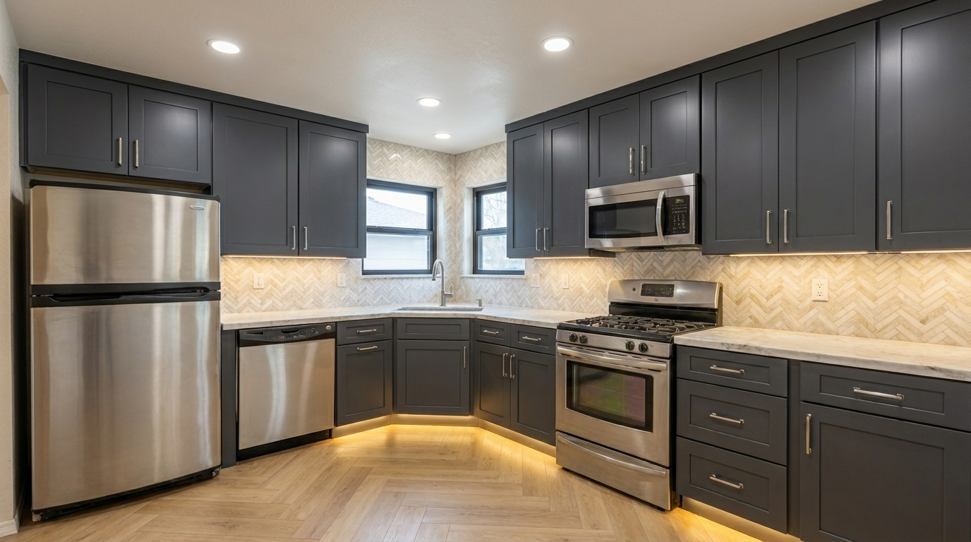 Picture of a kitchen after a renovation with Maple Cyberspace cabinets