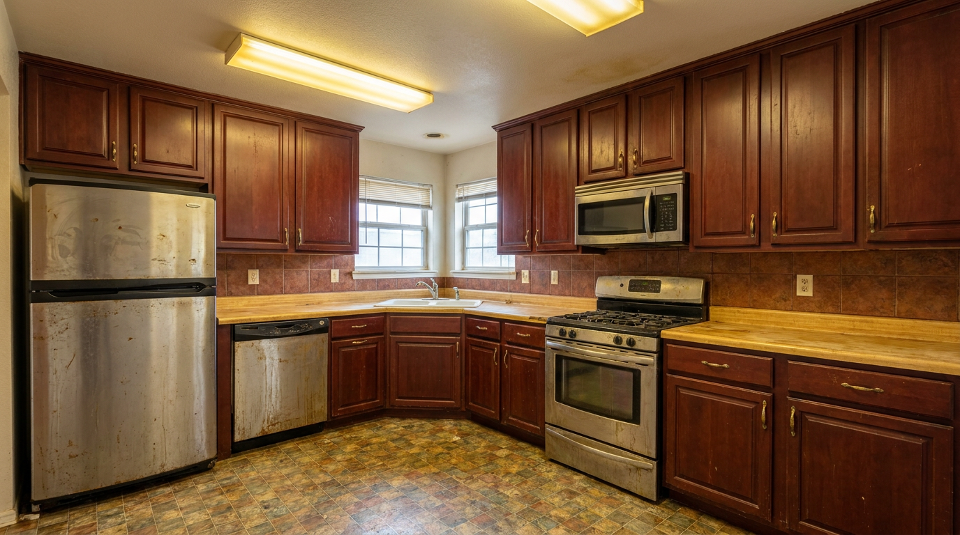 Picture of a kitchen before a renovation with Maple Cyberspace cabinets