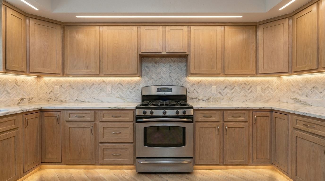 Picture of a kitchen after a renovation with Desert Oak cabinets