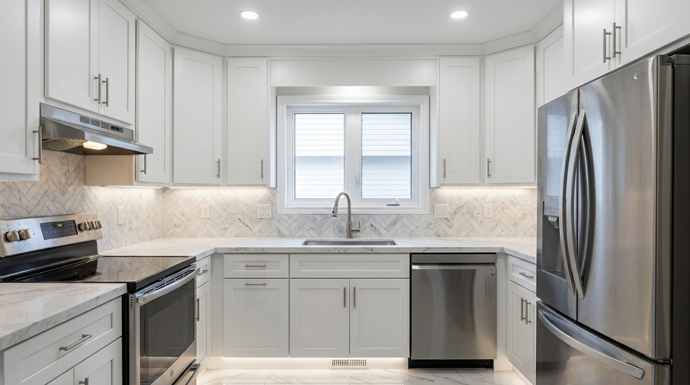 Picture of a kitchen after a renovation with Maple Dove cabinets