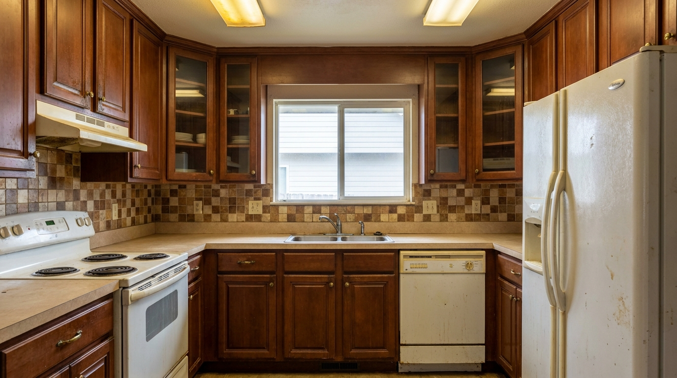 Picture of a kitchen before a renovation with Maple Dove cabinets
