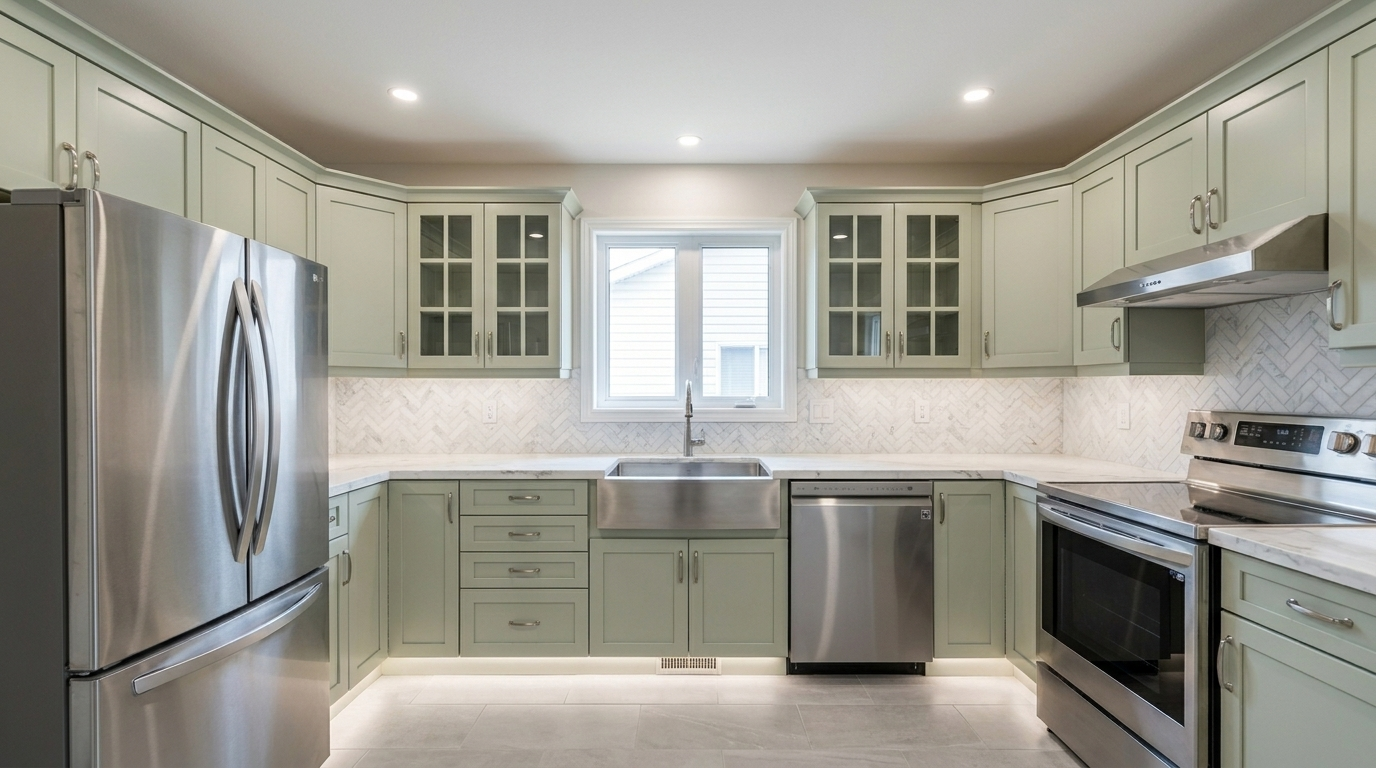 Picture of a kitchen after a renovation with Maple Green cabinets