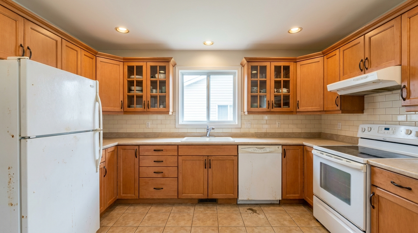 Picture of a kitchen before a renovation with Maple Green cabinets