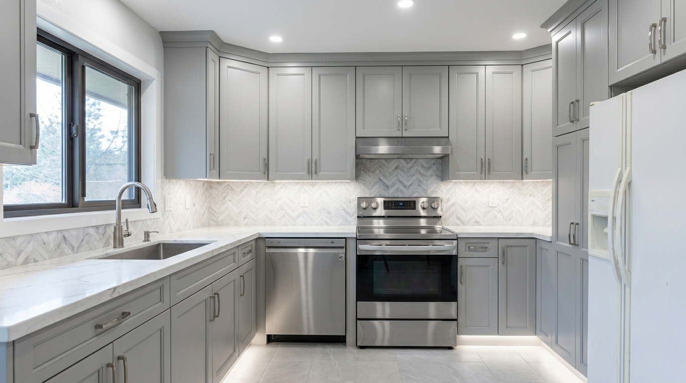 Picture of a kitchen after a renovation with Maple Grey cabinets