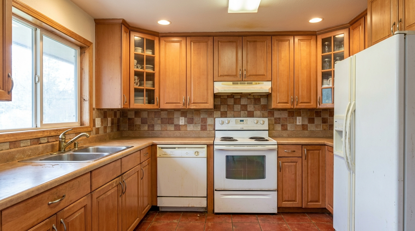 Picture of a kitchen before a renovation with Maple Grey cabinets