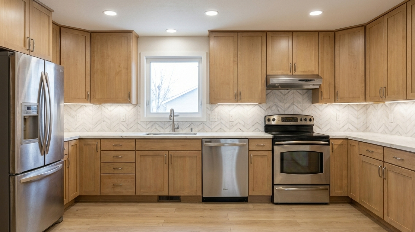 Picture of a kitchen after a renovation with Maple Honey cabinets
