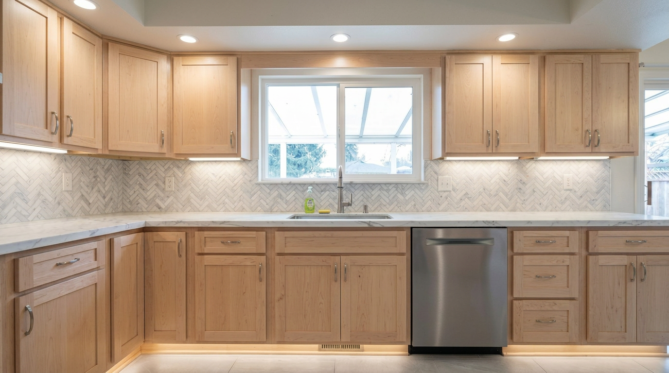 Picture of a kitchen after a renovation with Maple Natural cabinets