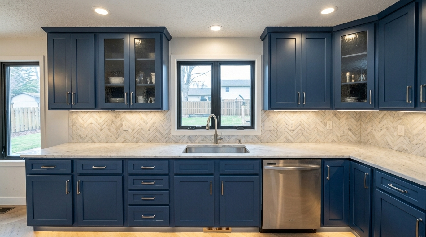 Picture of a kitchen after a renovation with Maple Navy cabinets