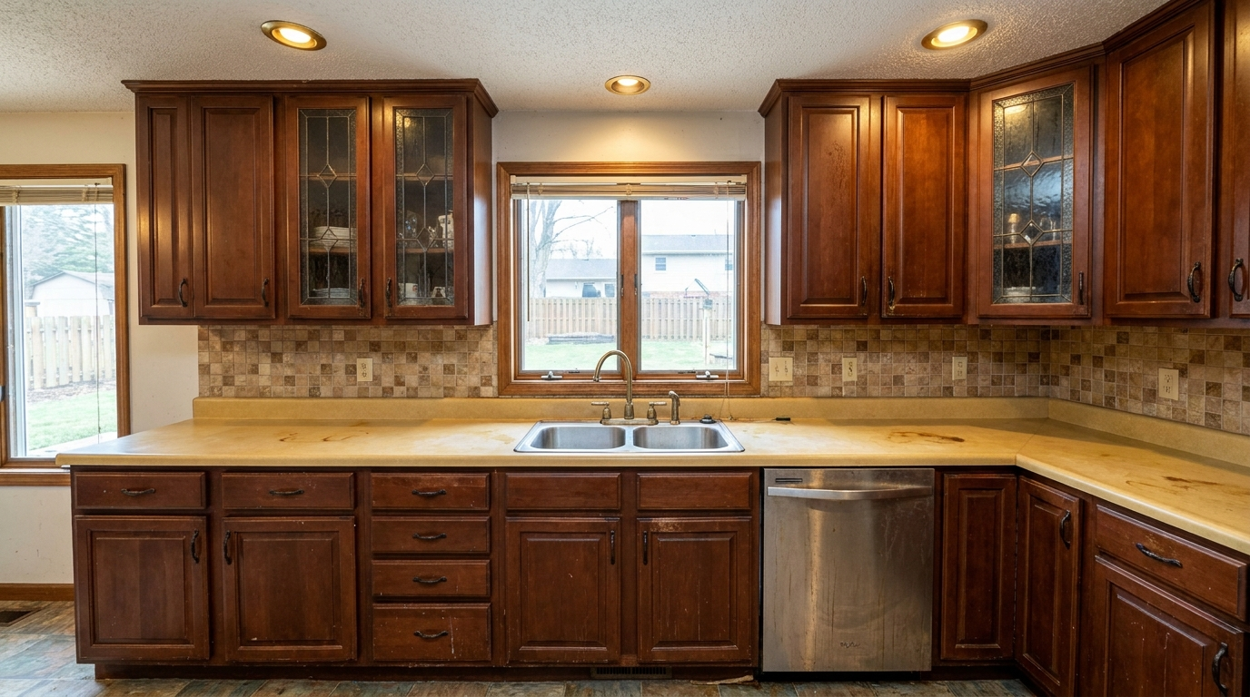 Picture of a kitchen before a renovation with Maple Navy cabinets