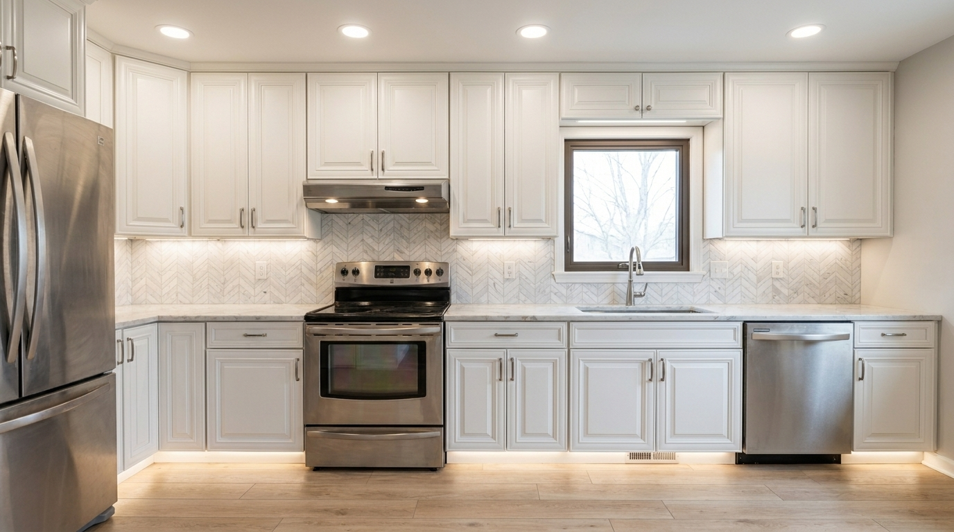 Picture of a kitchen after a renovation with Maple Pearl cabinets