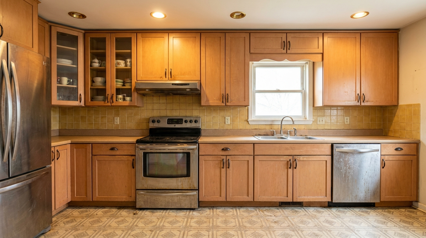 Picture of a kitchen before a renovation with Maple Pearl cabinets