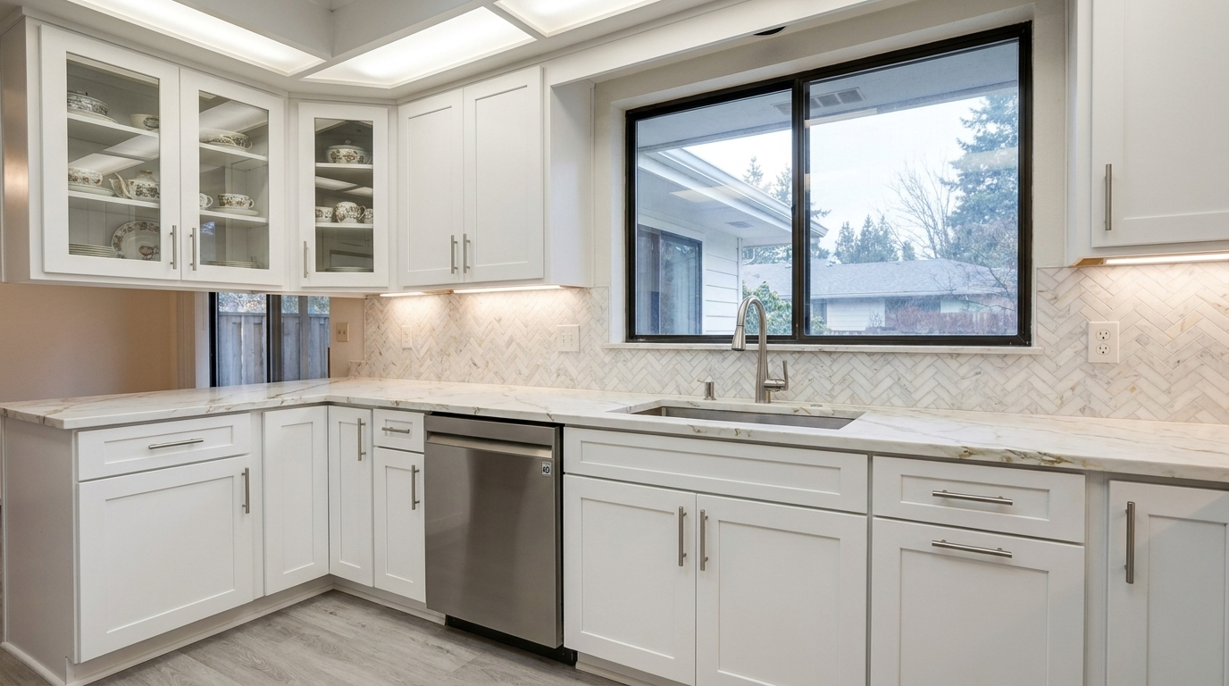 Picture of a kitchen after a renovation with Maple White cabinets