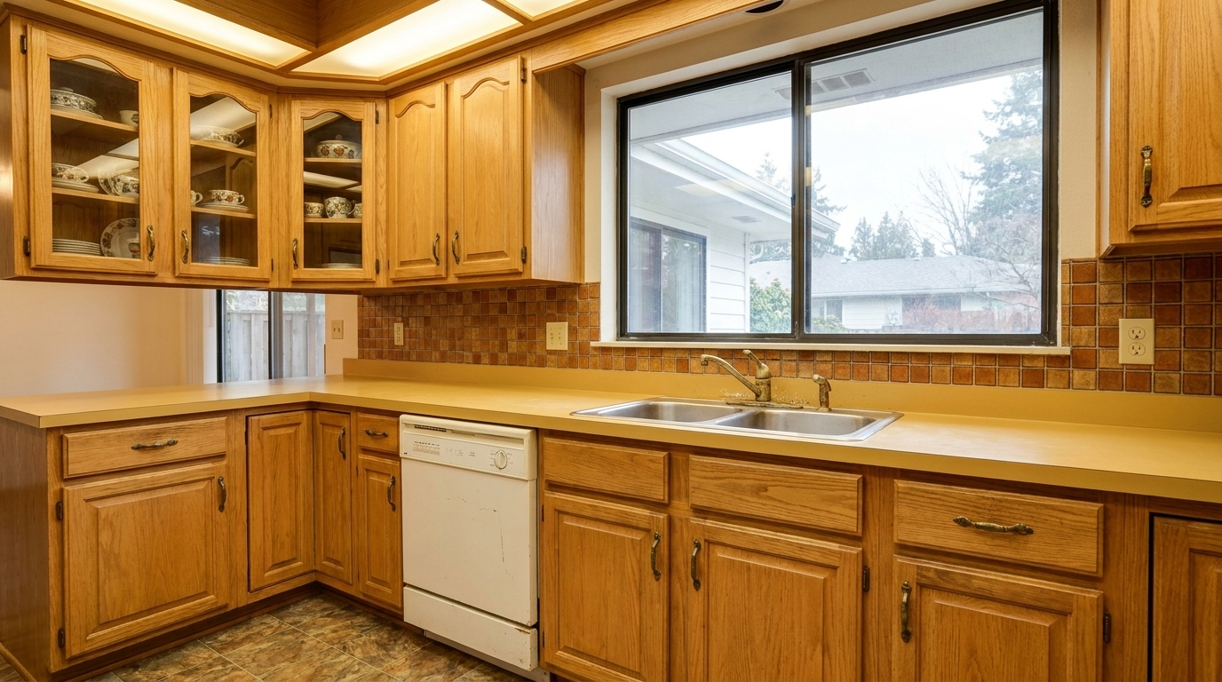 Picture of a kitchen before a renovation with Maple White cabinets