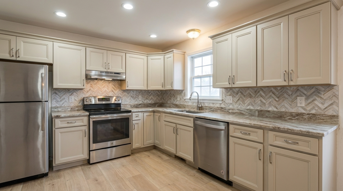 Picture of a kitchen after a renovation with Oxford Cashmere cabinets