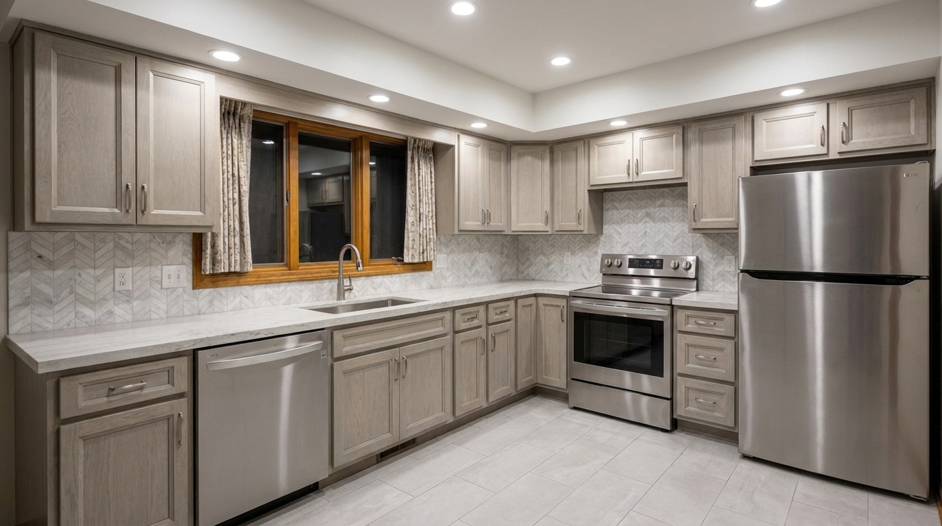 Picture of a kitchen after a renovation with Oxford Mist cabinets