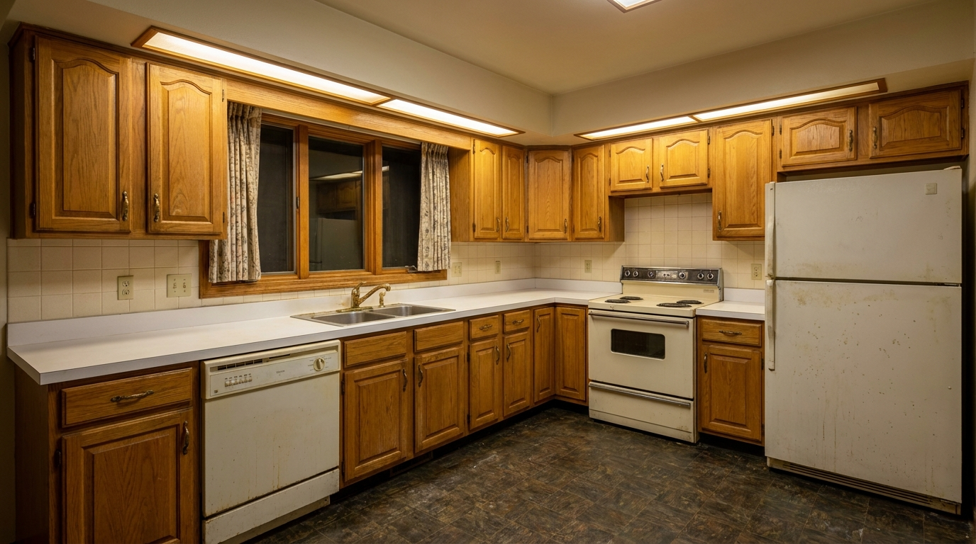 Picture of a kitchen before a renovation with Oxford Mist cabinets