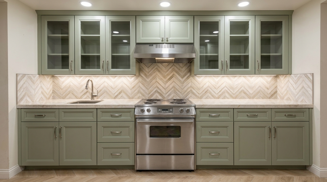 Picture of a kitchen after a renovation with Oxford Sage cabinets