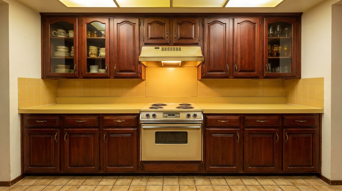 Picture of a kitchen before a renovation with Oxford Sage cabinets