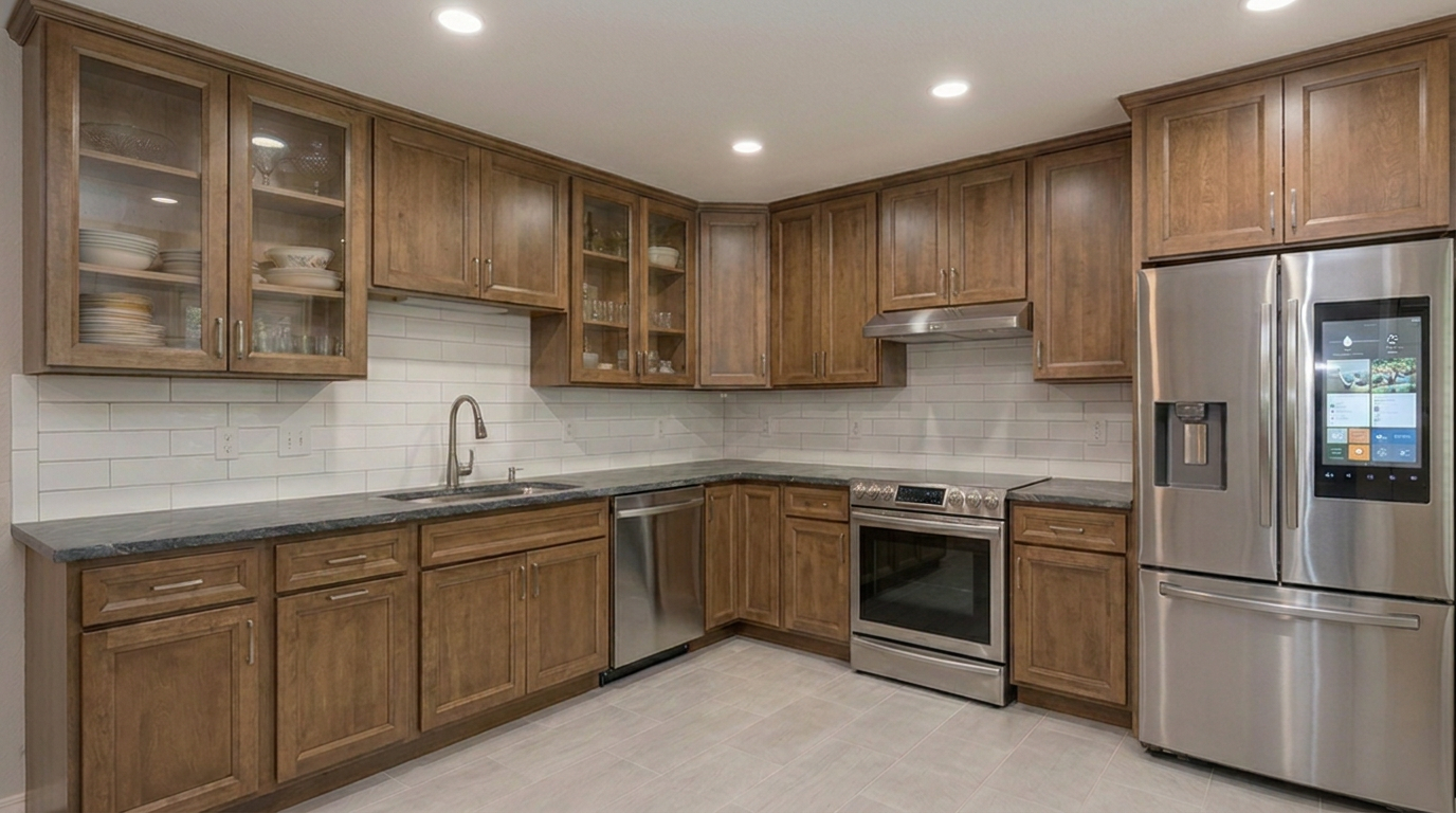 Picture of a kitchen after a renovation with Oxford Toffee cabinets