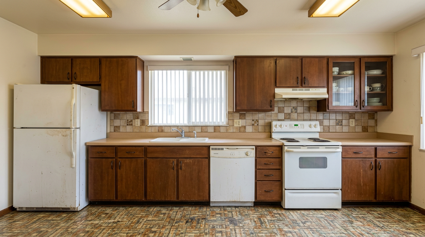 Picture of a kitchen before a renovation with Oxford White cabinets