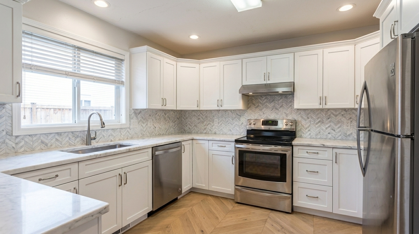 Picture of a kitchen after a renovation with Shaker White cabinets