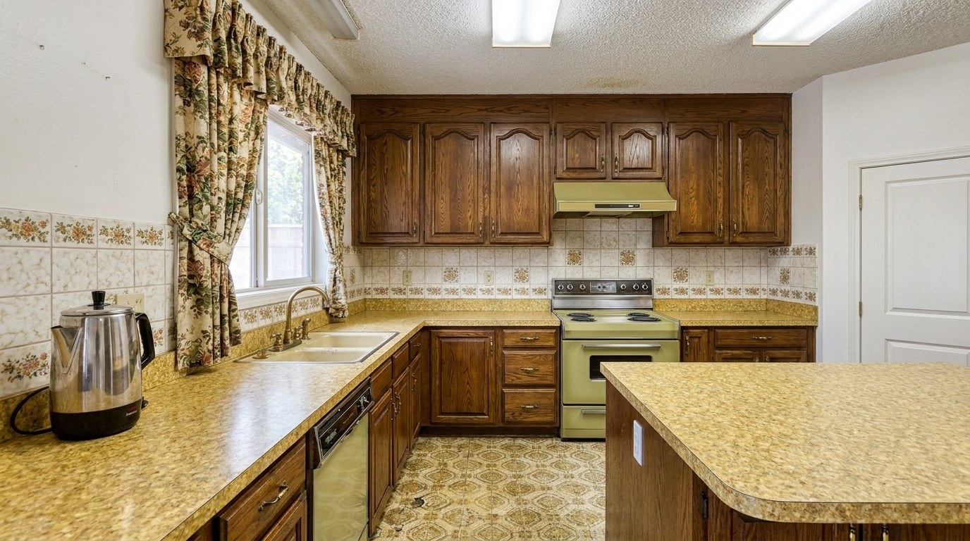 Picture of a kitchen before a renovation with Shaker Sandstone cabinets