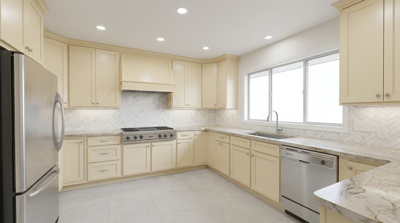 Picture of a kitchen after a renovation with Shaker Antique cabinets