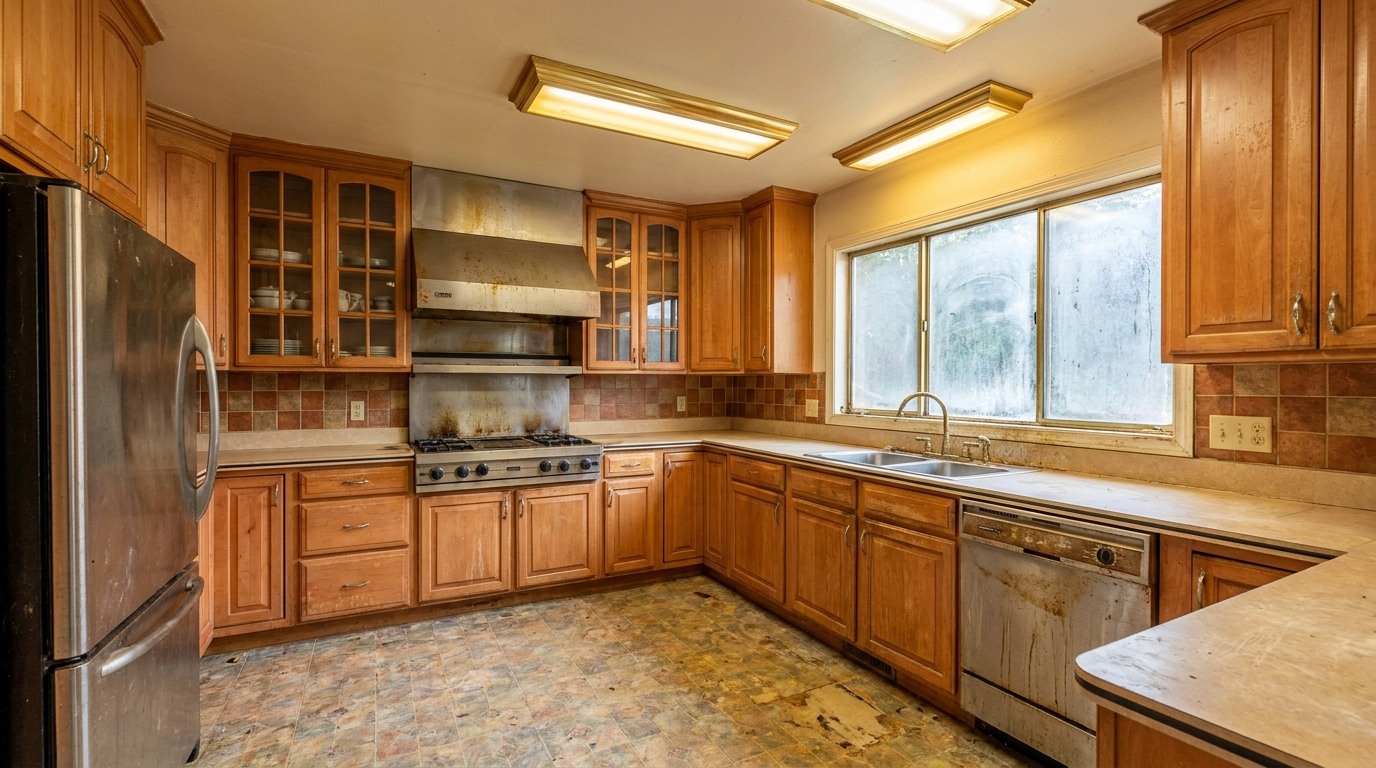 Picture of a kitchen before a renovation with Shaker Antique cabinets