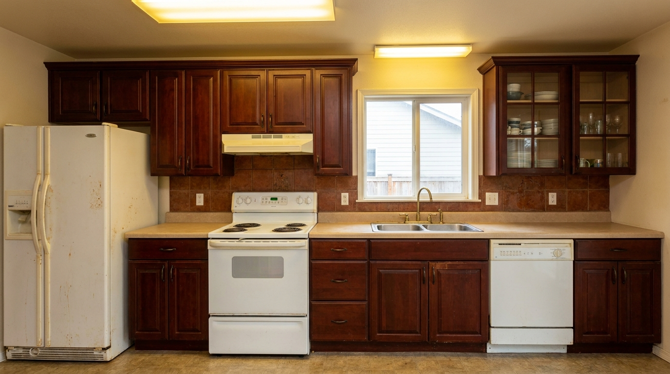 Picture of a kitchen before a renovation with Shaker Cinder cabinets