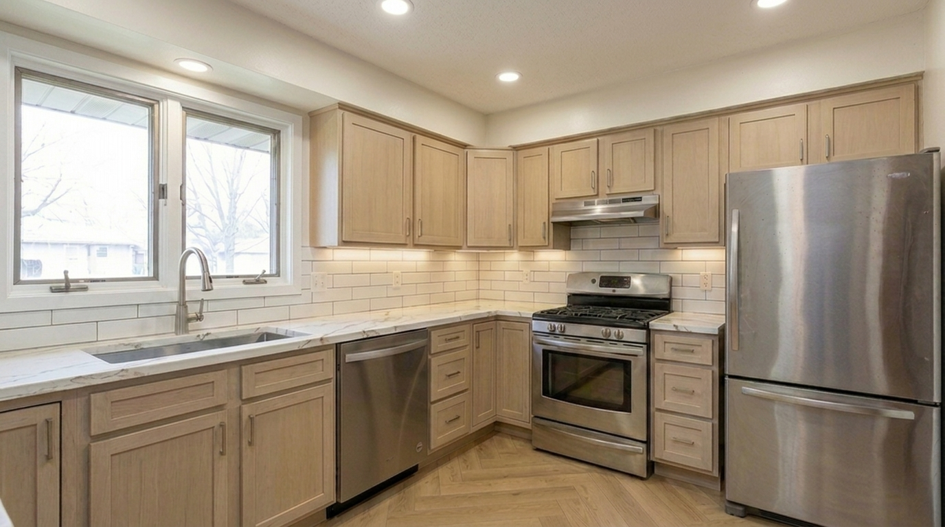 Picture of a kitchen after a renovation with Shaker Honey cabinets