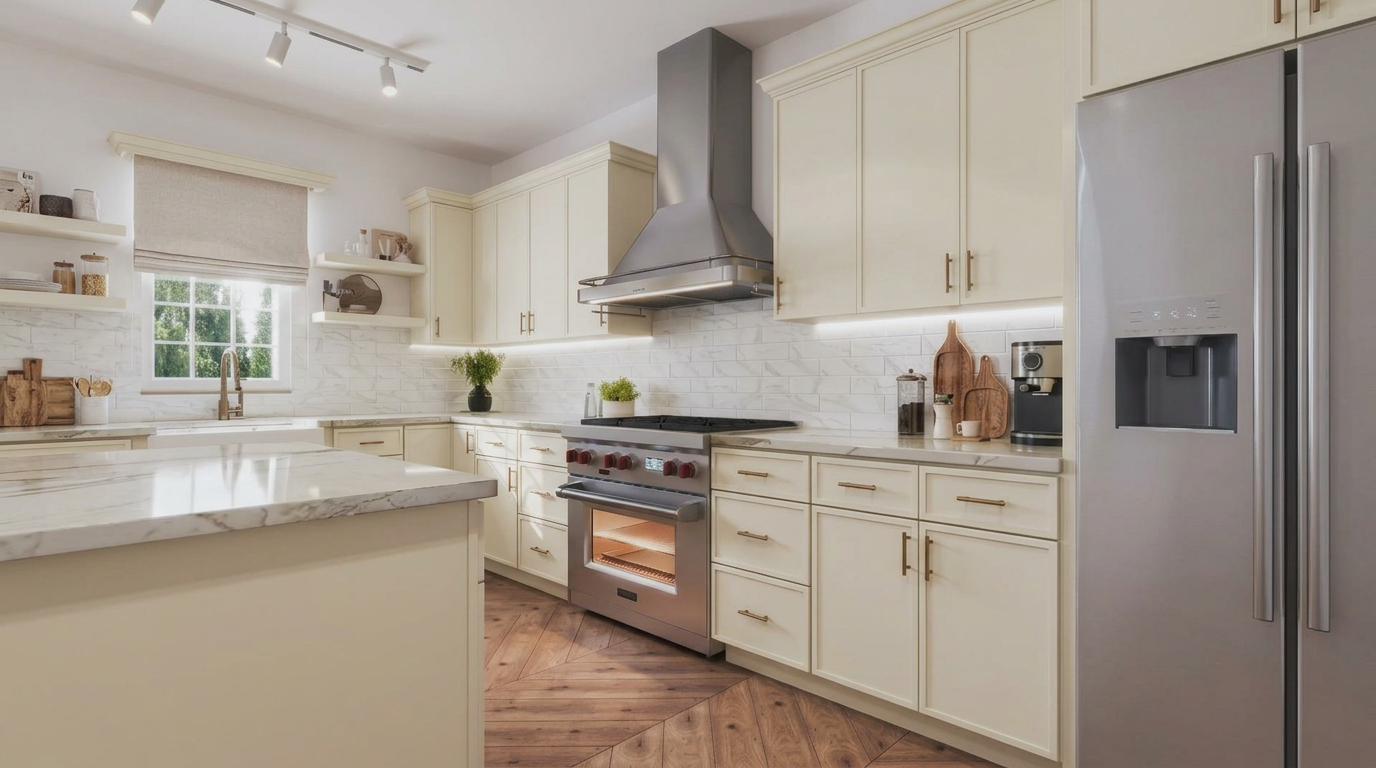 Picture of a kitchen after a renovation with Shaker Ivory cabinets