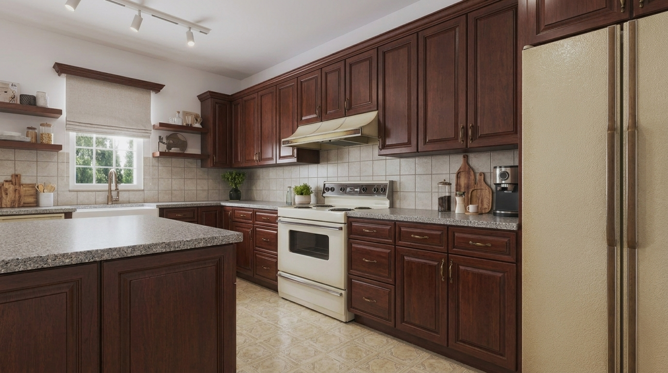 Picture of a kitchen before a renovation with Shaker Ivory cabinets