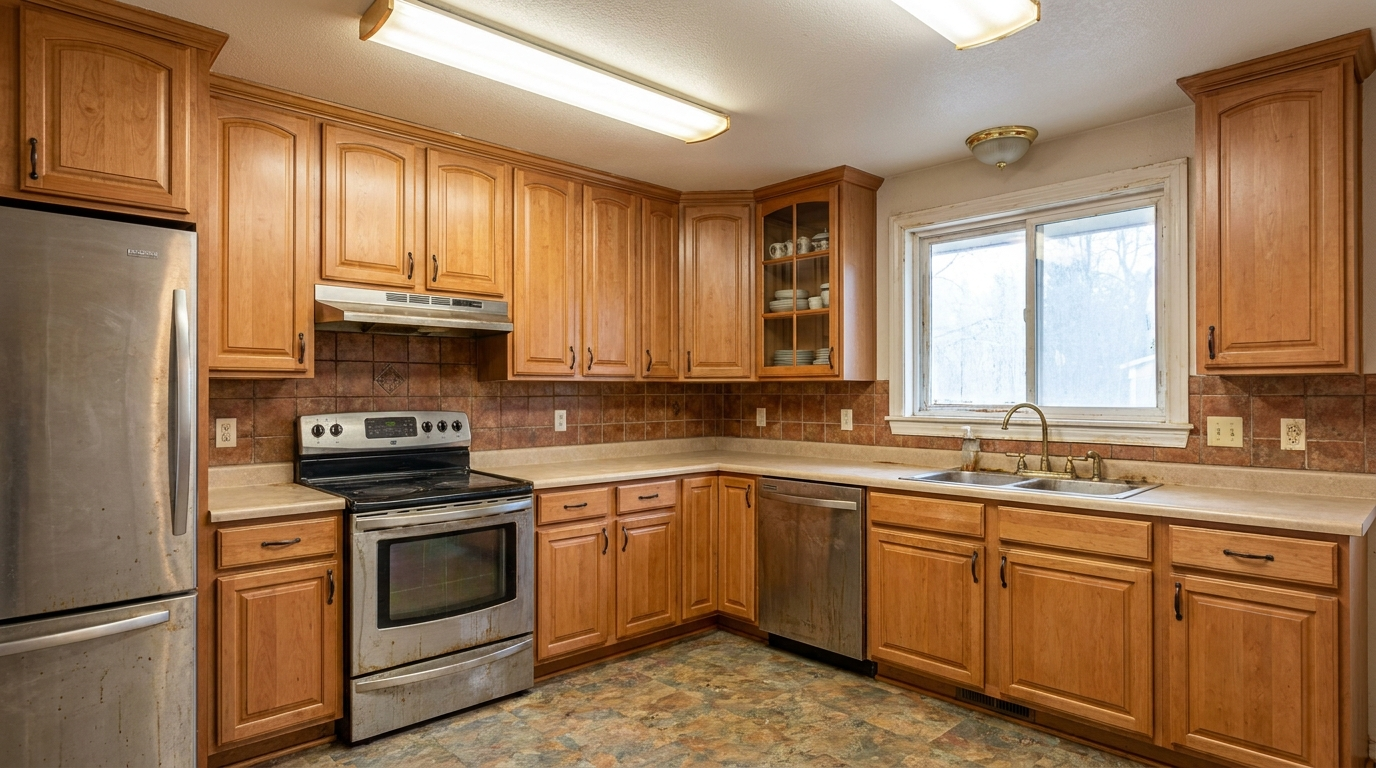 Picture of a kitchen before a renovation with Shaker Ivy cabinets