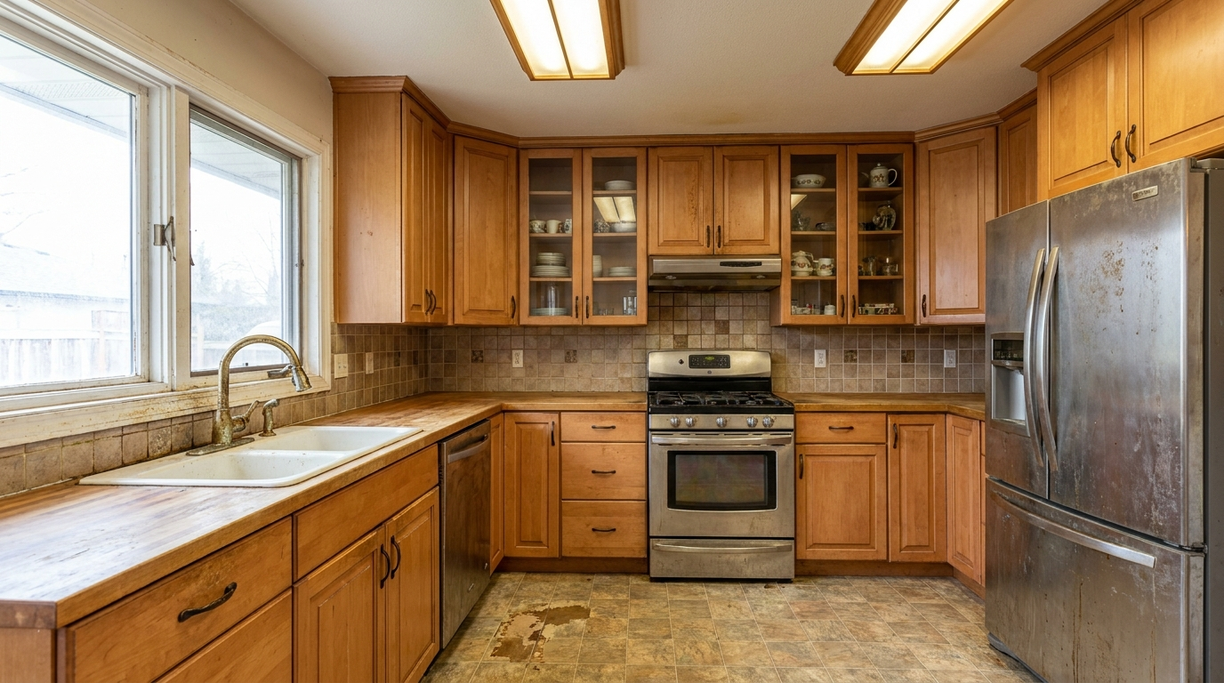 Picture of a kitchen before a renovation with Shaker Navy cabinets