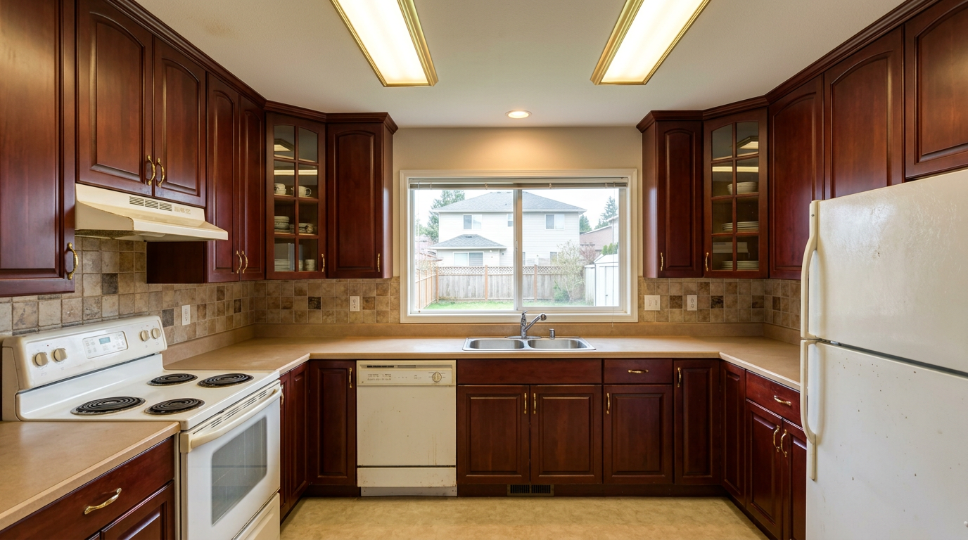 Picture of a kitchen before a renovation with Shaker Unfinished cabinets