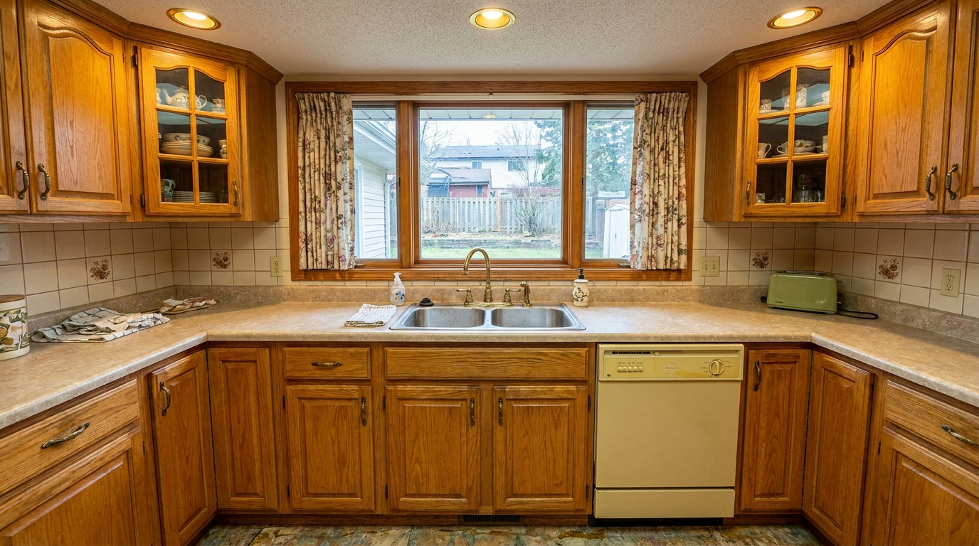 Picture of a kitchen before a renovation with Torino White cabinets