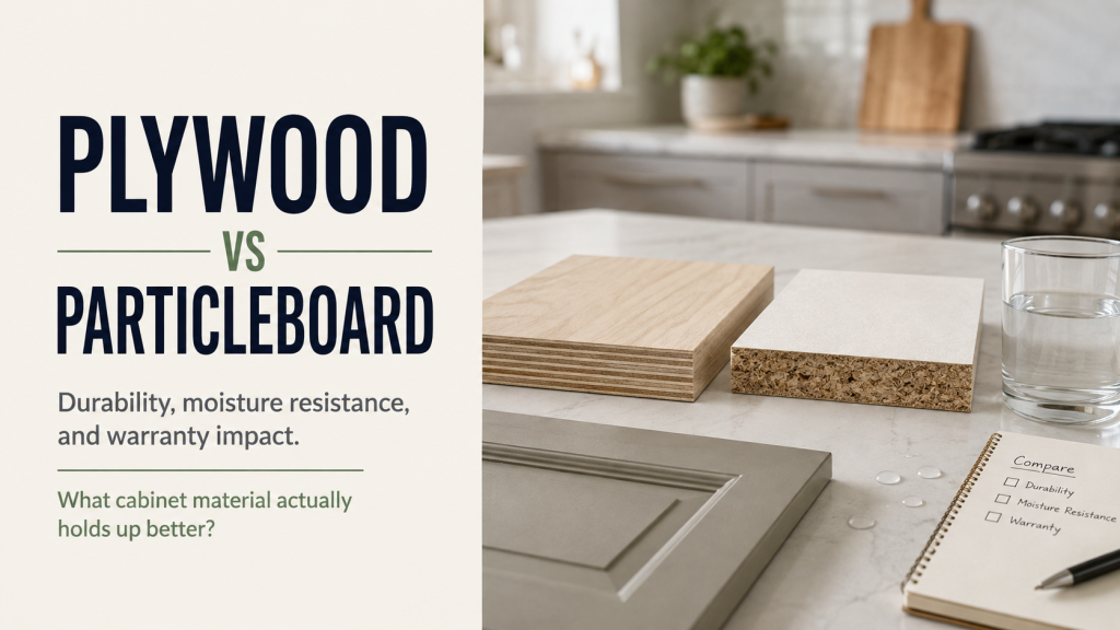Does choosing plywood over particleboard affect long-term durability and moisture resistance in kitchen cabinets?