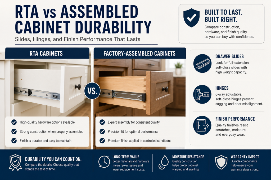 How do RTA cabinets hold up over time compared with factory-assembled cabinets (drawer slides, hinges, and finish)?