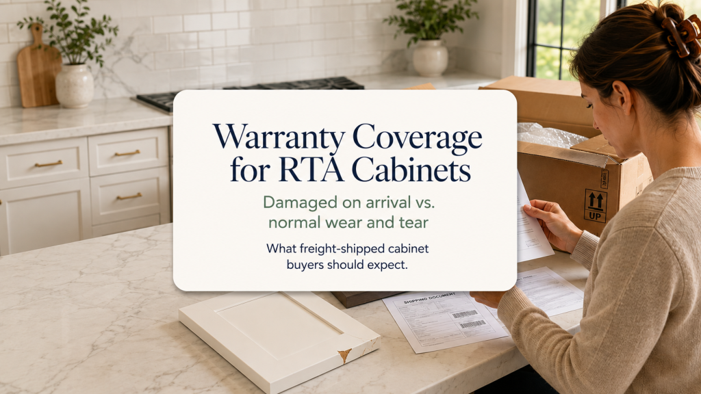 What warranty coverage is included with RTA cabinets shipped freight—especially for damaged-on-arrival parts?